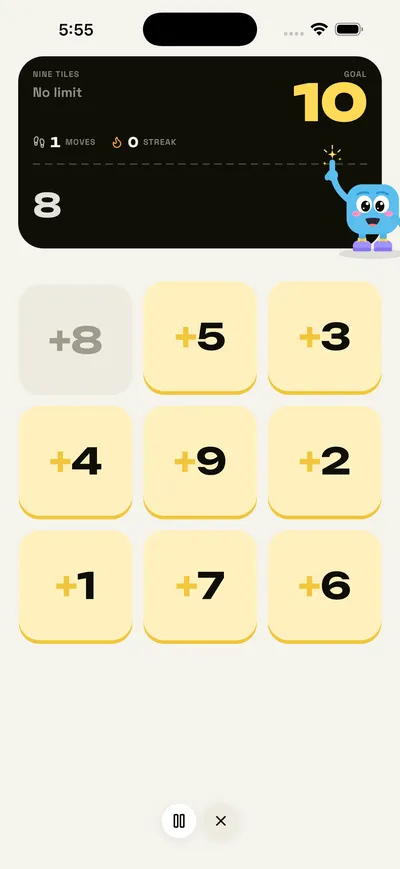 A Tappzi board mid-round: the goal is 10, the running total is 8, and the tile already used is greyed out
