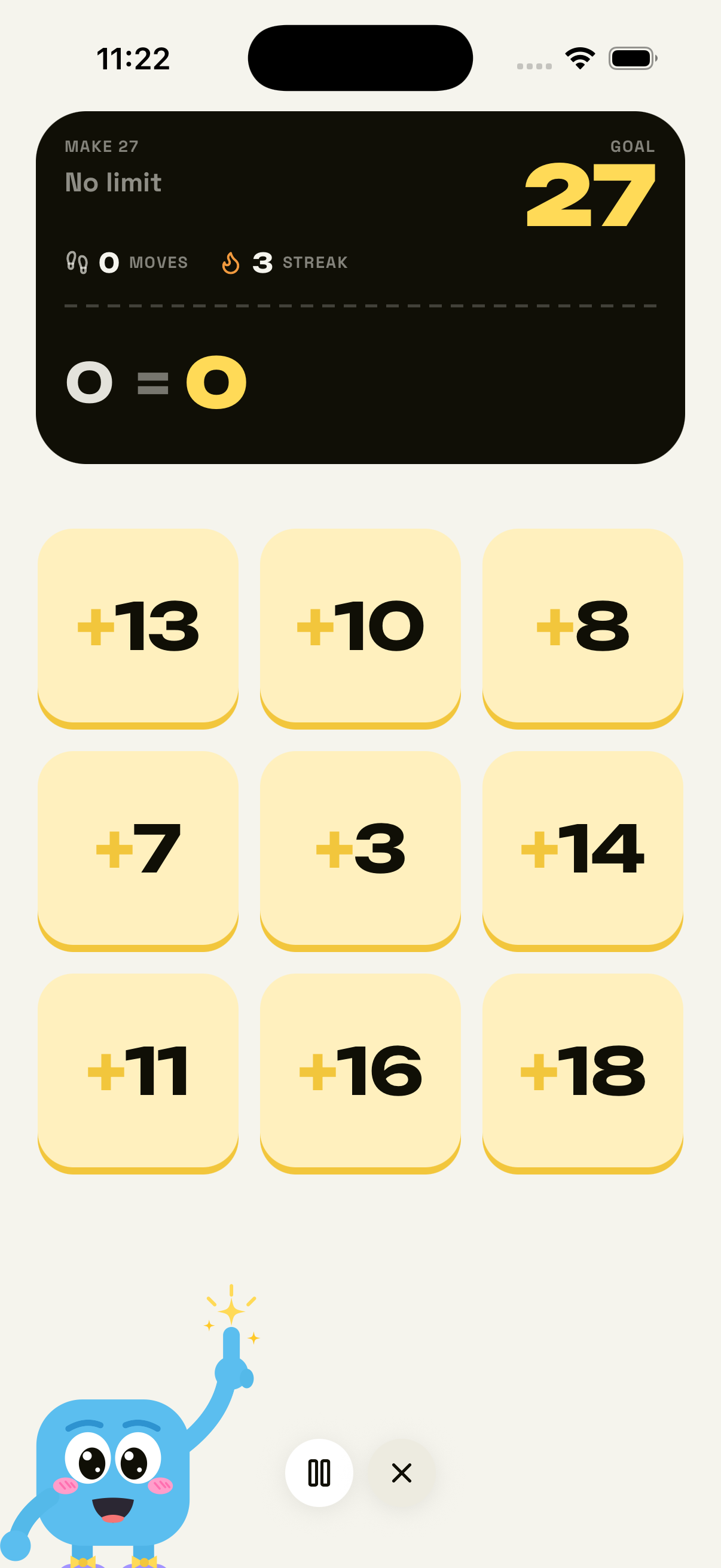 A Tappzi board: Make 27, goal 27, and a three by three grid of addition tiles